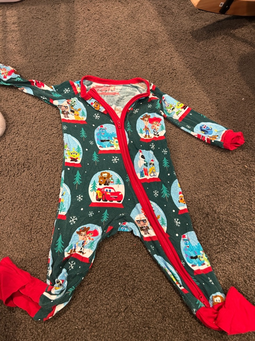 LITTLE SLEEPIES DISNEY Holiday Green Kids One-Piece Pajamas with Red Trim
